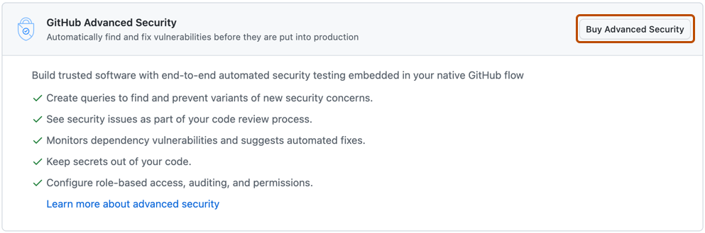 Screenshot of the Advanced Security section of the licensing screen. The "Buy Advanced Security" button is outlined in orange.